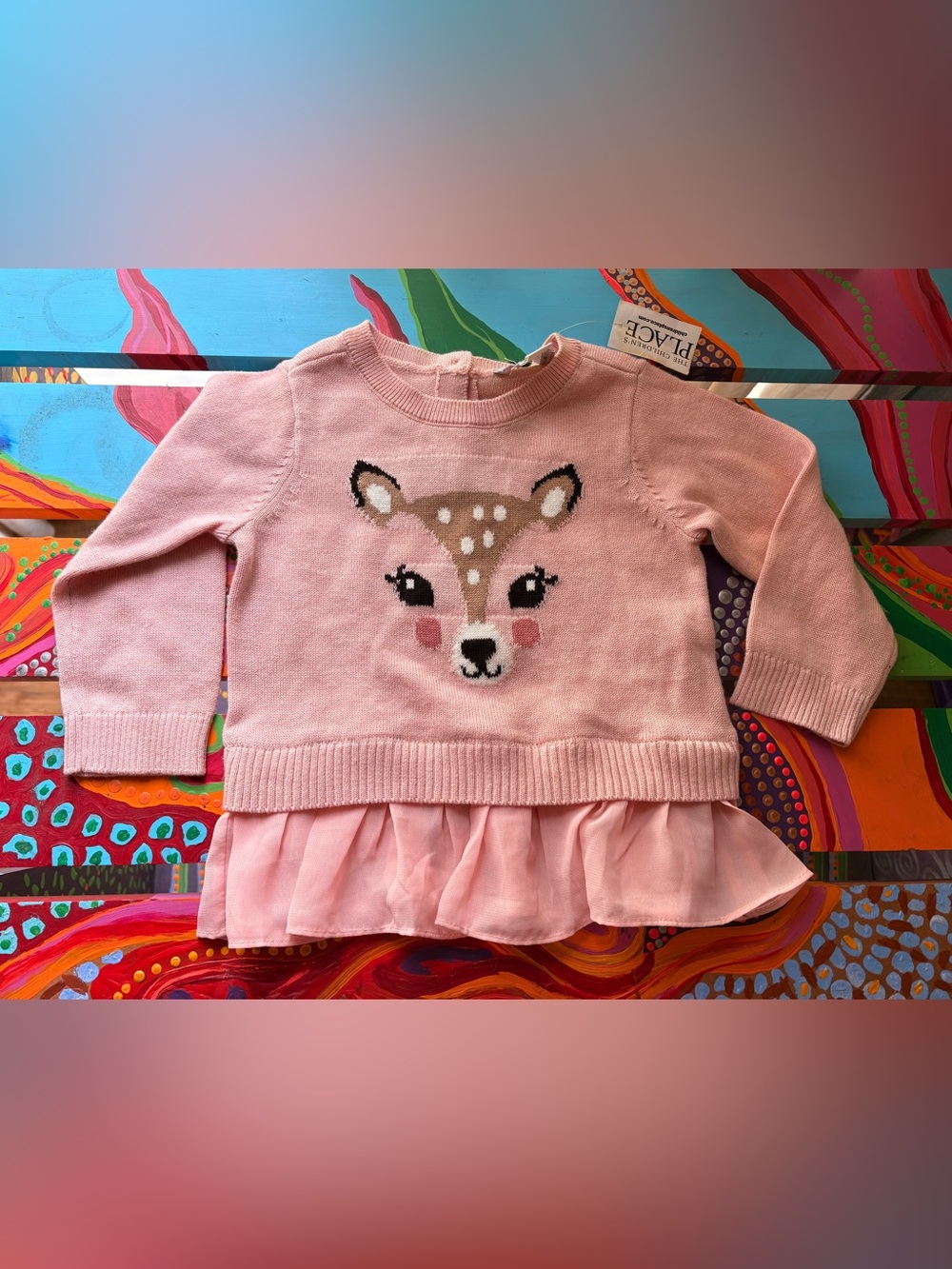 The Children's Place Pink Deer Knit Sweater with Chiffon Ruffle Size 12-18 Month